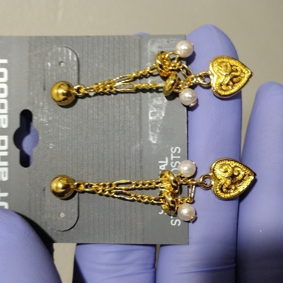 Women's Polished Gold-tone Beaded Post Drop Heart Charm Drop Dangle Earrings 2" - Picture 3 of 5